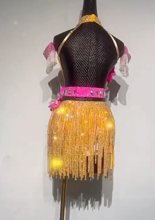 Custom Size Orange Competition Latin Dance Dress with 3D Pink Flowers Bling Fringe Salsa Chacha Performance Costumes