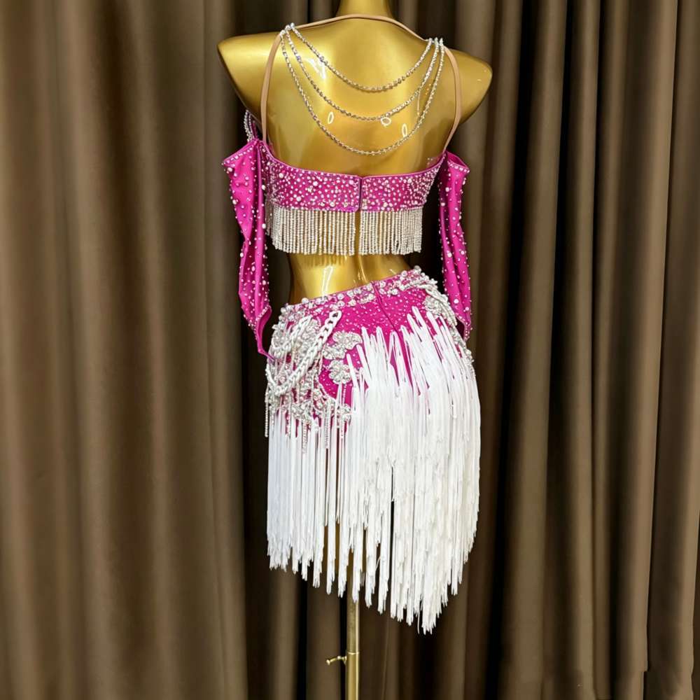 Custom Size Blue Fuchsia White Fringe Competition Latin Dance Dress Crystal Blackpool Dance Wear