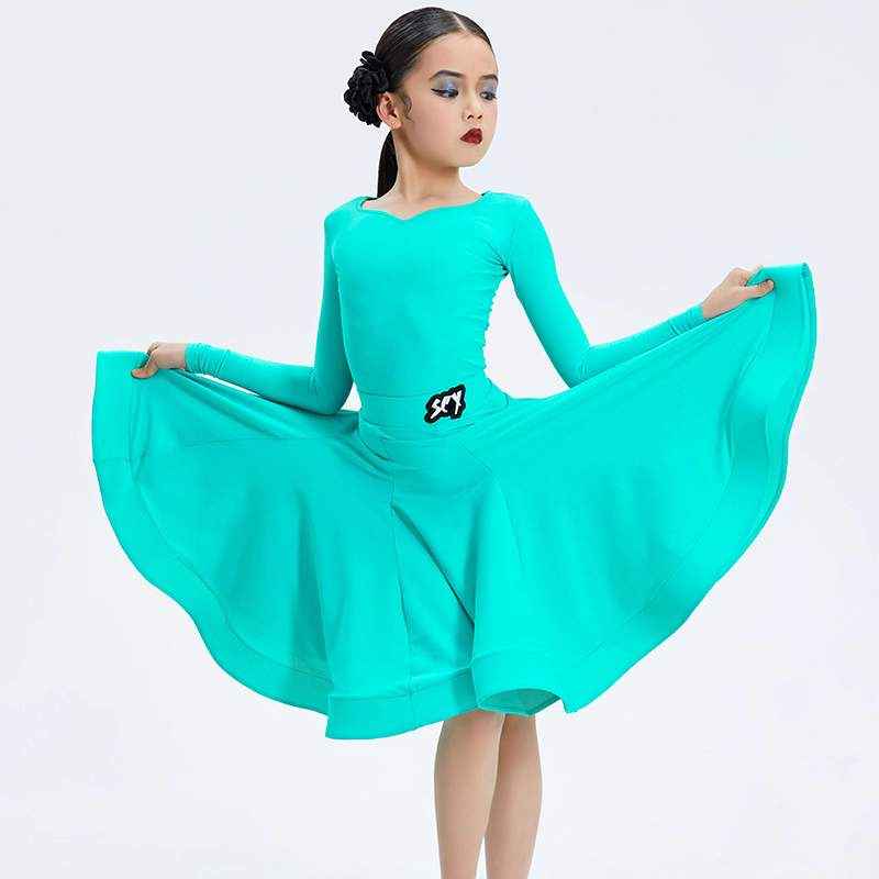 Girls Latin Dance Dresses Children Turquoise Ballroom Latin Regulations Competition Costume for Kids