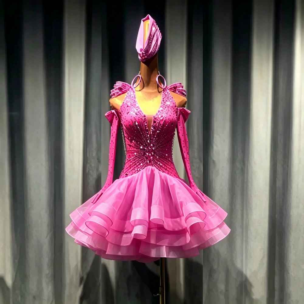 Custom Crystal Blue Latin Dance Dress - Hot Pink Rhinestone Ballroom Competition Dress