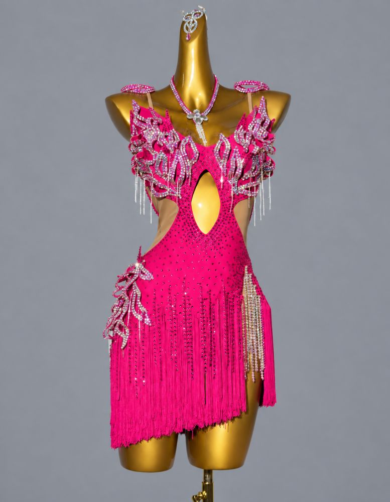 Custom Blue Pink Latin Dance Dress with Crystal Petals Rumba Samba Competition Gown