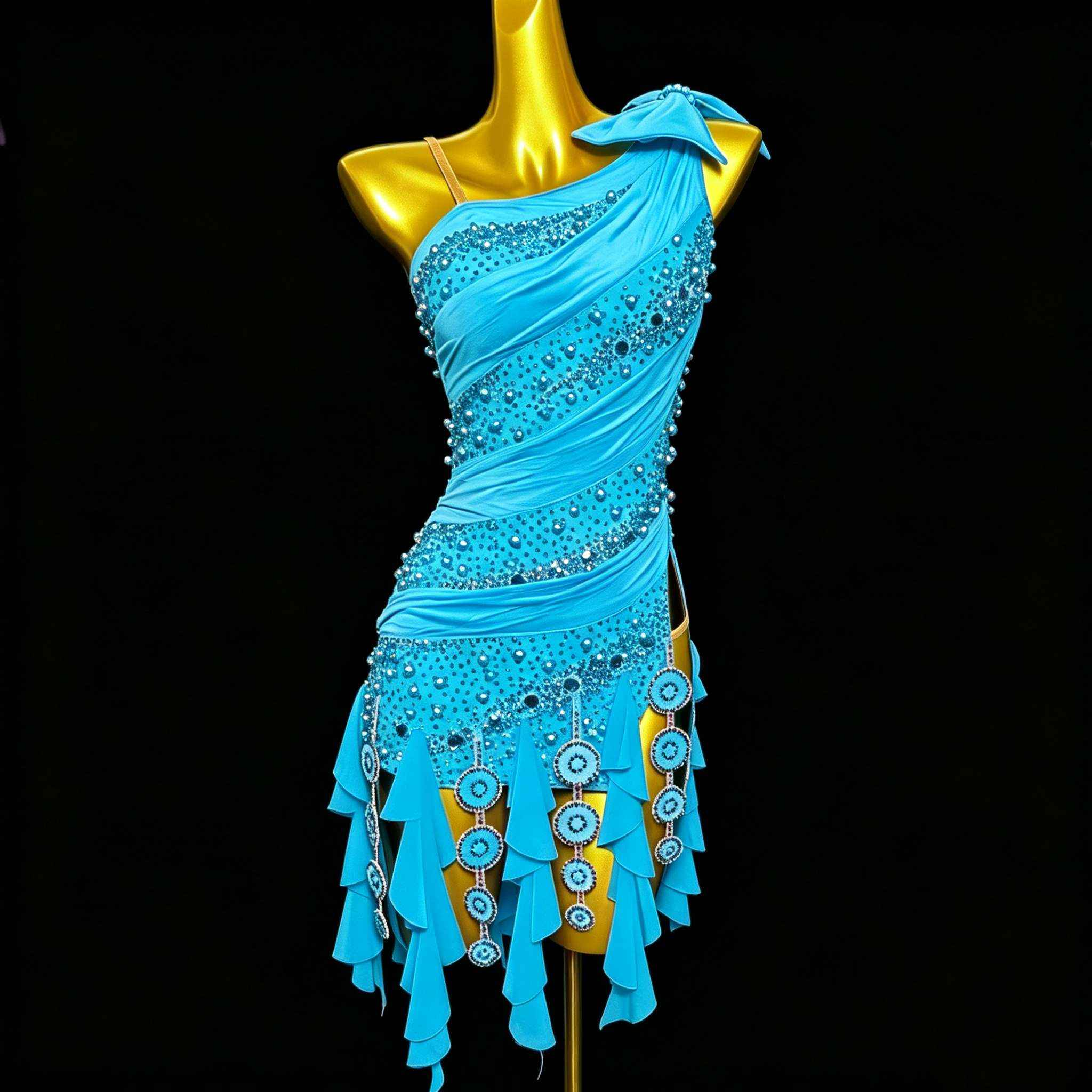 Custom Professional Fuchsia Latin Competition Dress - Blue Crystal Ruffle Gown
