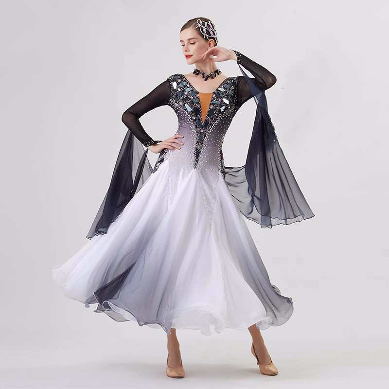 Custom Size White Black Gradient Competition Ballroom Dance Dresses for Women Girls Waltz Tango Social Dance Gown - Moderndancedress.com