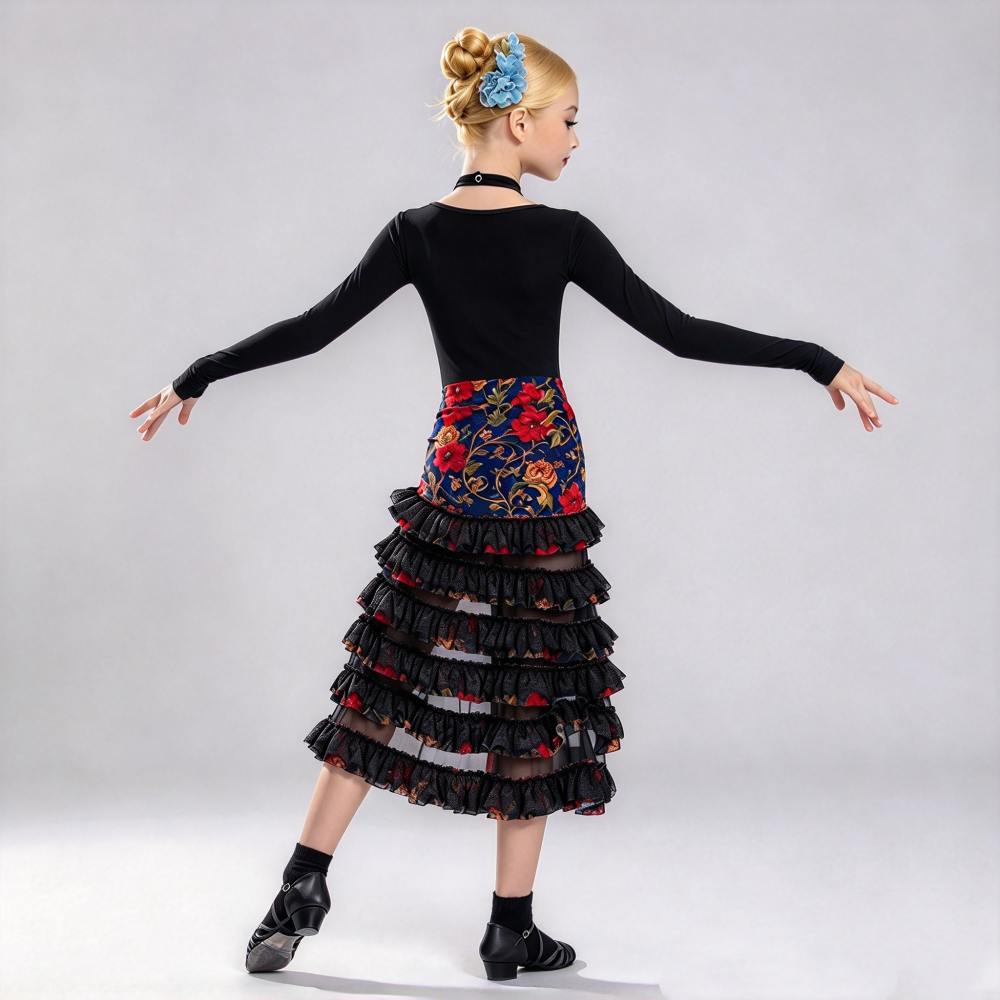 Girls Black Long Latin Dance Dress - Long Sleeve Halter Vintage Floral Ruffle Skirt Set