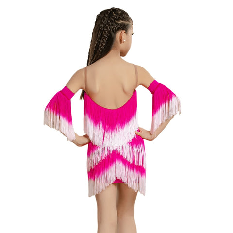 Girls Latin Dance Dresses Pink Navy Gradient Fringe Salsa Rumba Chacha Performance Costumes for Kids