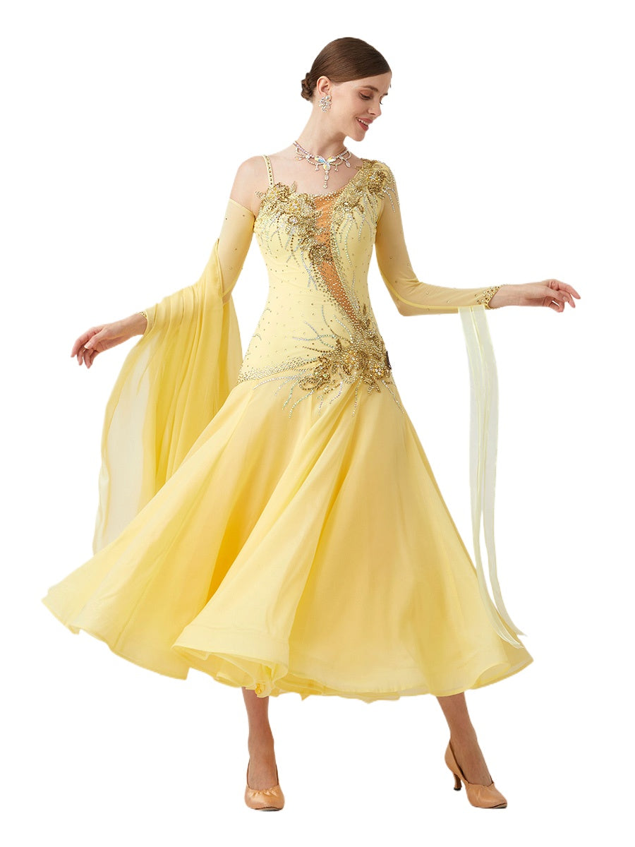 Custom Size Yellow Competition Ballroom Dance Dresses for Women One Shoulder Standard Waltz Tango Rhytm Smooth Dance Long Gown - Moderndancedress.com