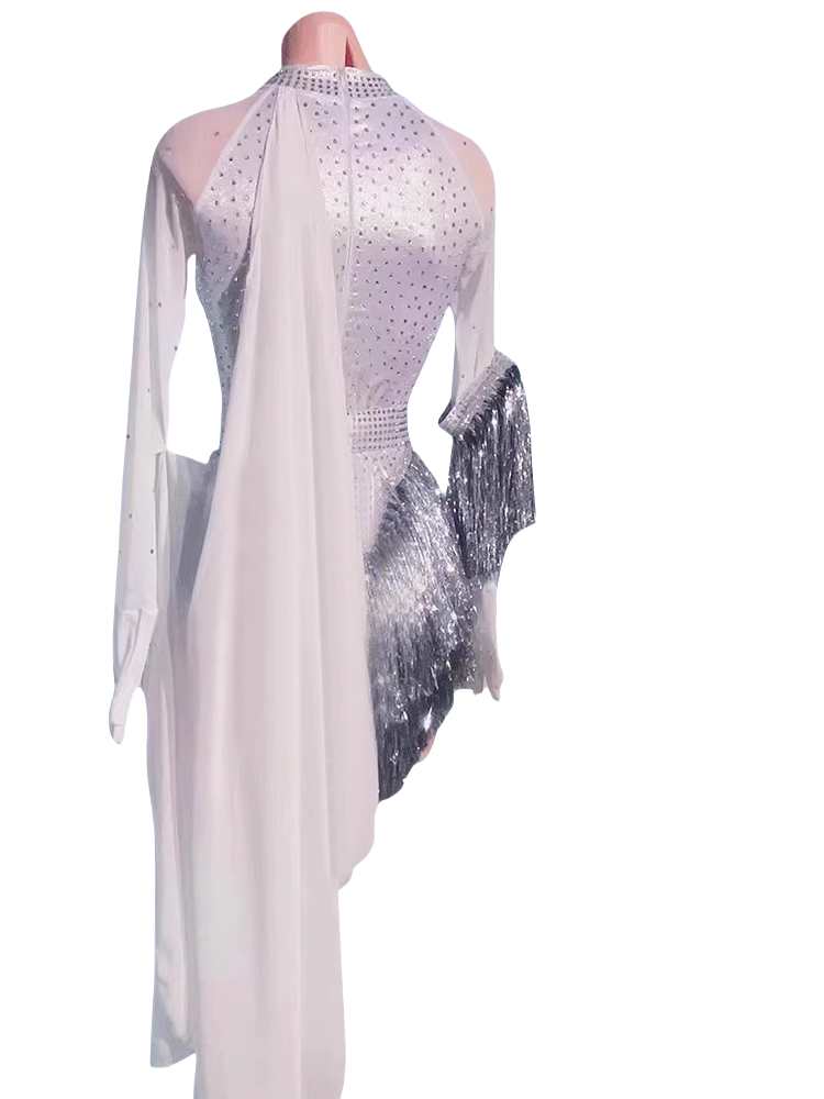 Custom Size Silver Fringe Competition Latin Dance Dresses for Women Girls Salsa Rumba Chacha Blackpool Dance Wear - Moderndancedress.com