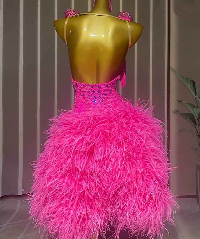 Custom Size Fuchsia Bling Fringe Competition Latin Dance Dress Blackpool Ostrich Hair Dance Wear