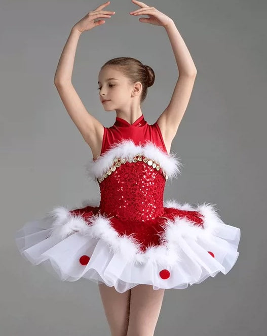 Girls Christmas Sequined Ballet Tutu - Kids Jazz Party Dance Costume with Feather Trim