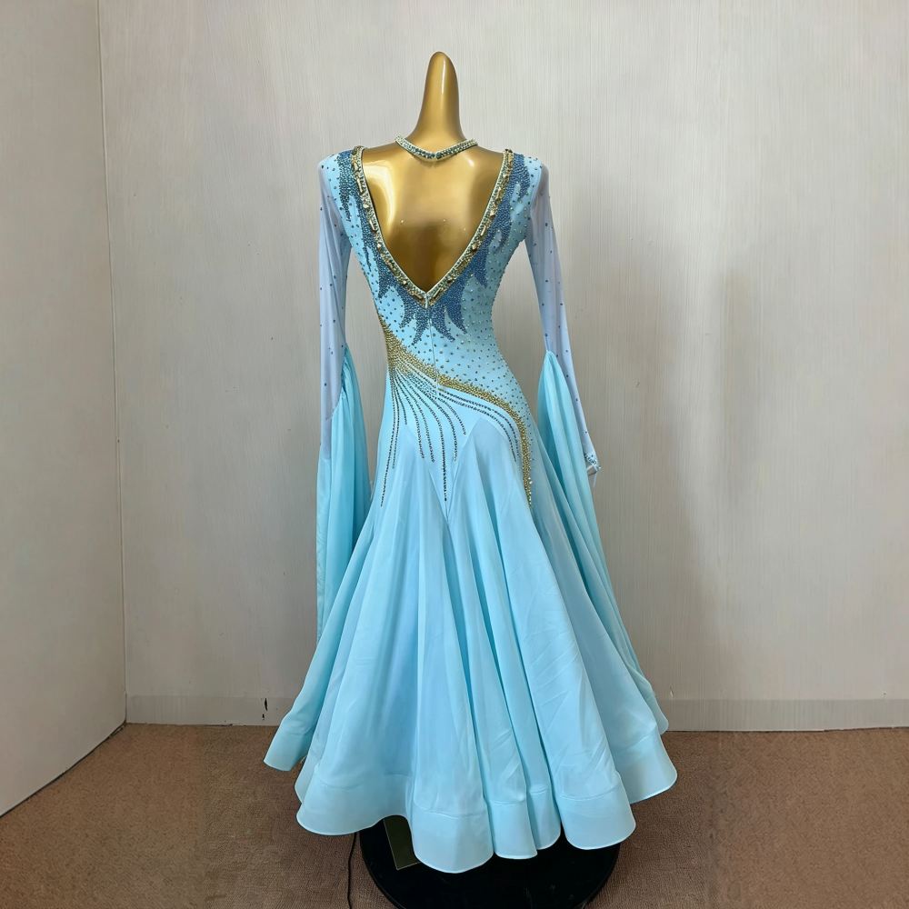Custom Light Blue Ballroom Dance Dress with Gold Rhinestones