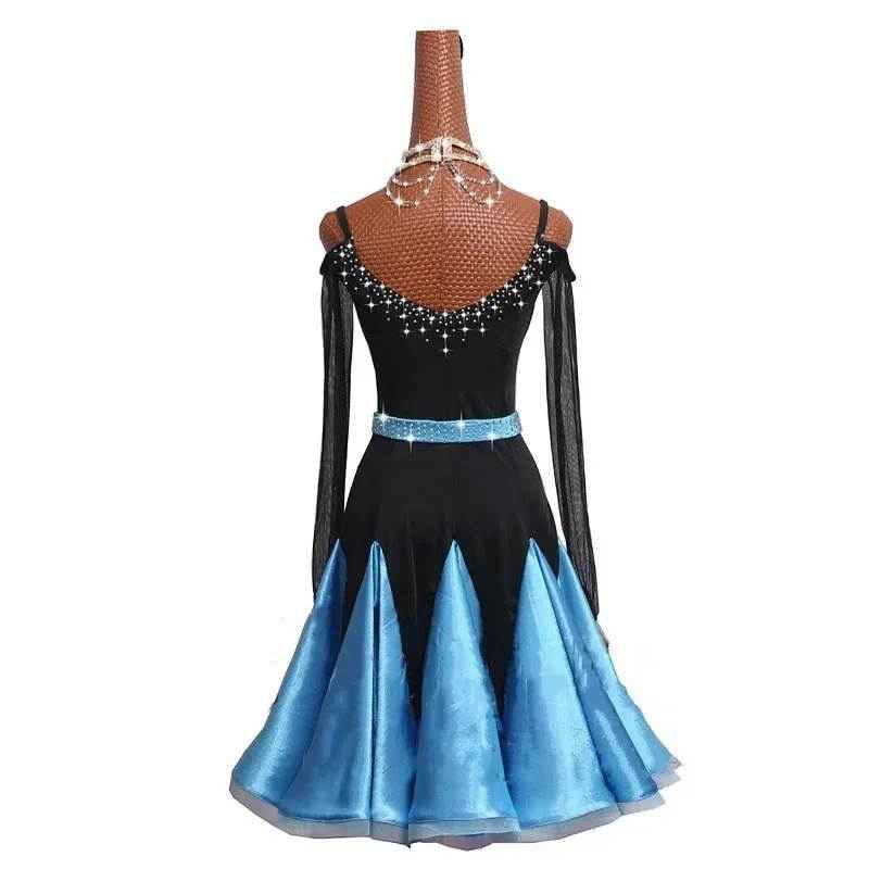 Turquoise Blue Latin Dance Dresses for Women Girls Dew Shoulder Salsa Rumba Chacha Rhinestones Perform Costumes