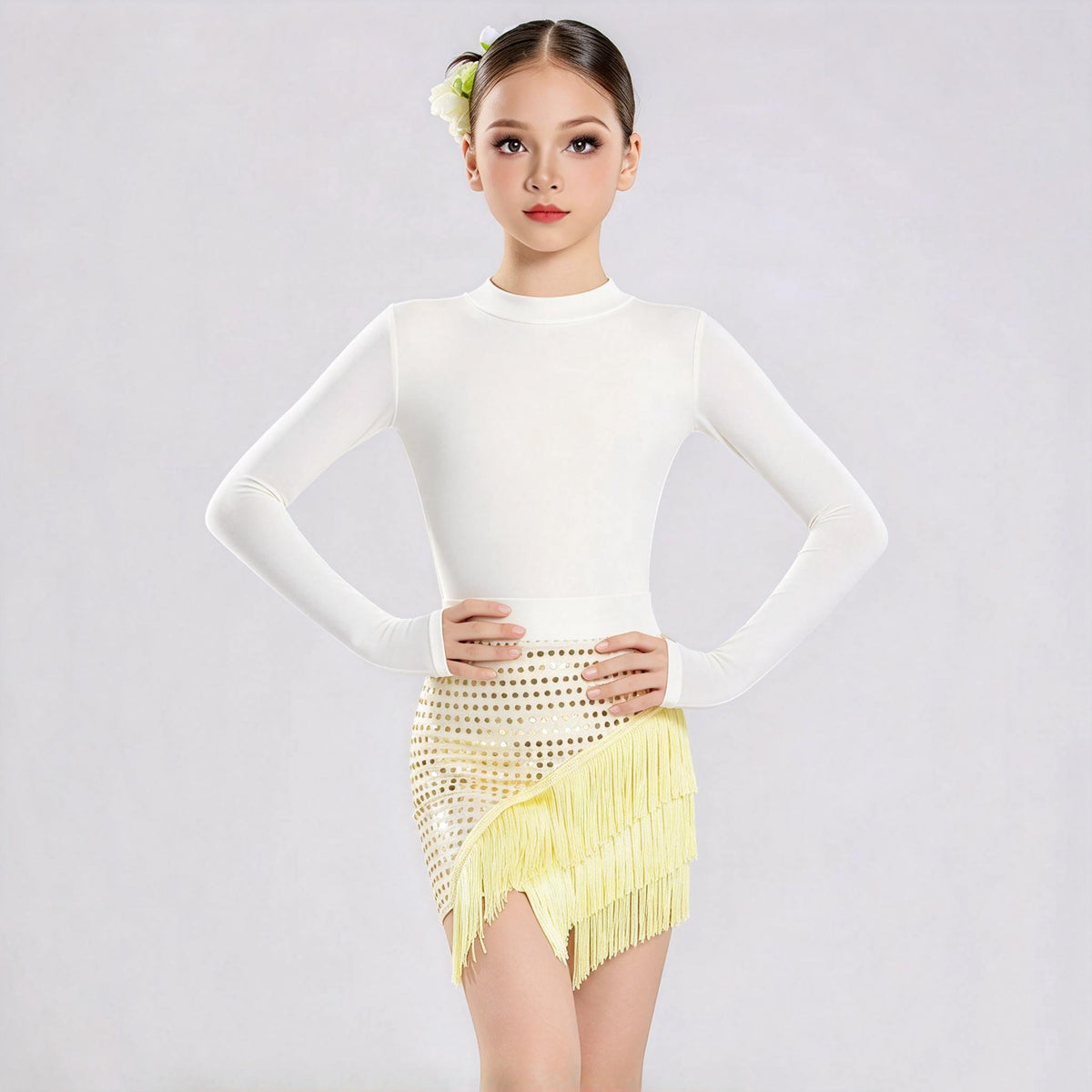 Girls Sky Blue Latin Dance Dress Kids Long Sleeve Sequin Fringe Salsa Cha-Cha Competition Wear