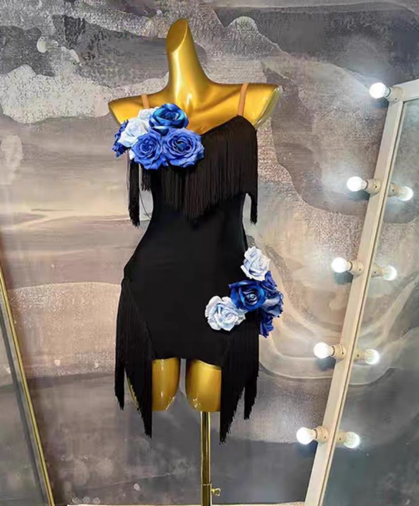 Girls Latin Dance Dresses Kids Fringe Salsa Dancing Costumes Blue Flower