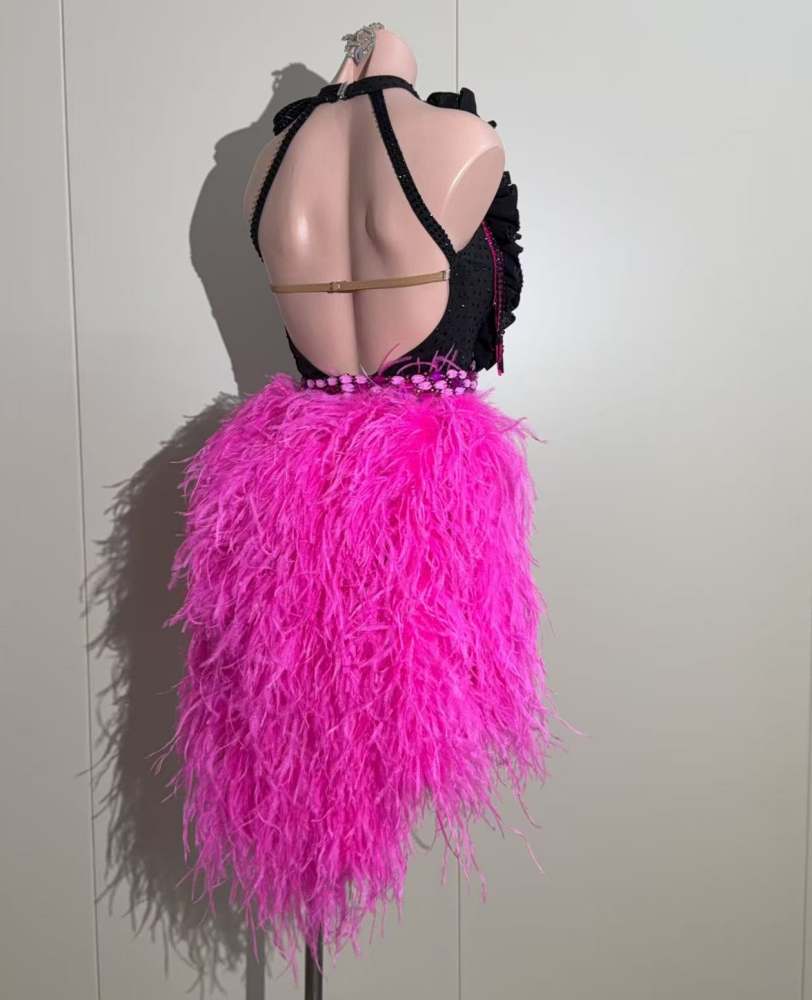 Custom Black & Hot Pink Latin Dance Dress with Feathers and Rhinestone Fringe