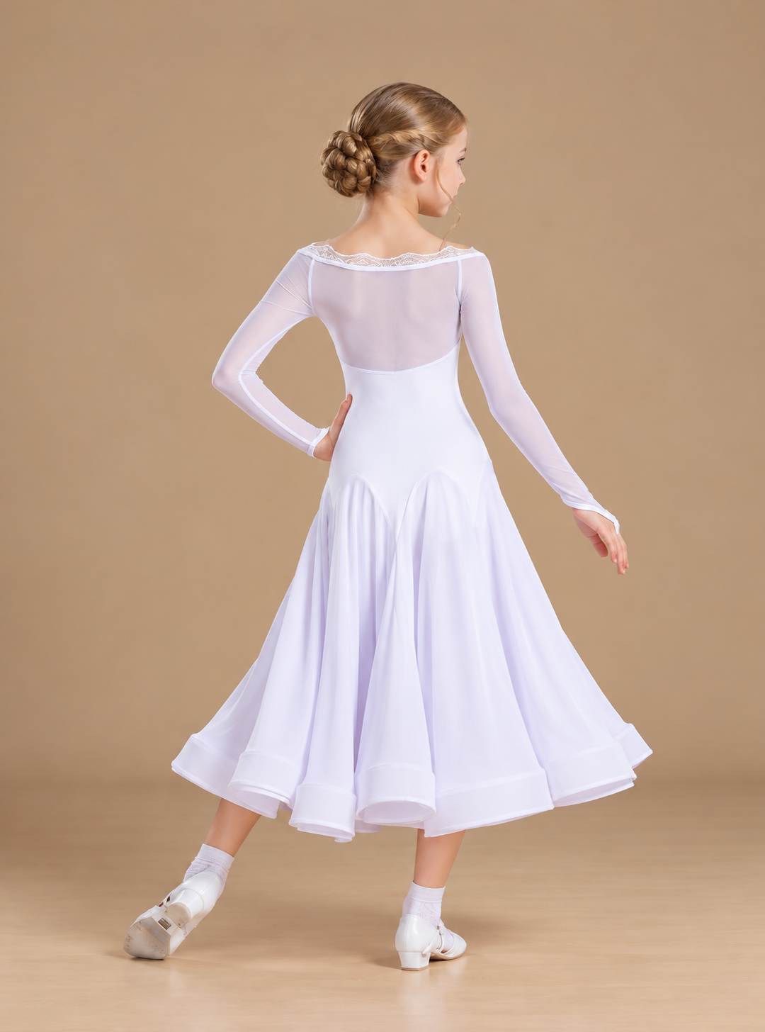 Girls Black Ballroom Dance Dress - Mesh Long Sleeve Waltz Costume