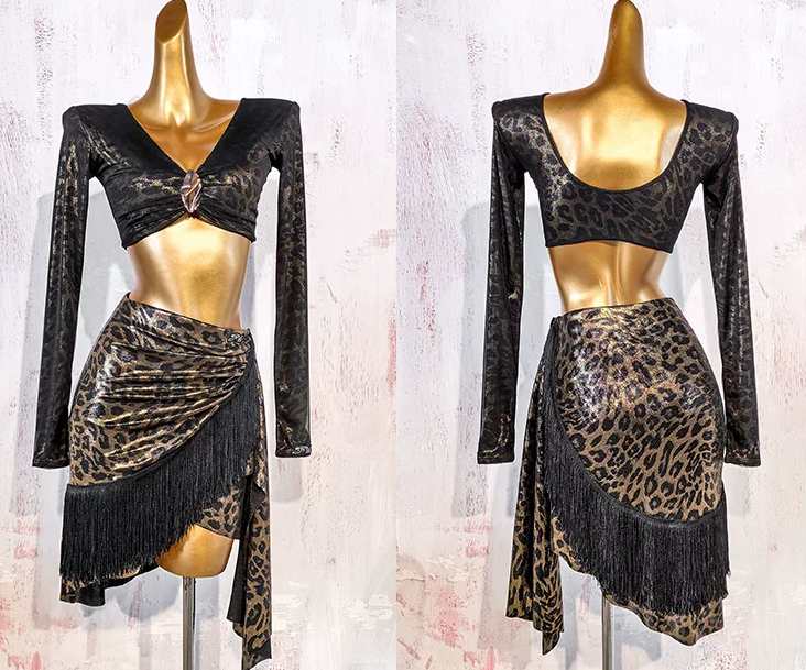 Leopard Fringe Latin Dance Dress for Women Short Top with Irregular Fringed Skirt Ballroom Salsa Chacha Dance Wear