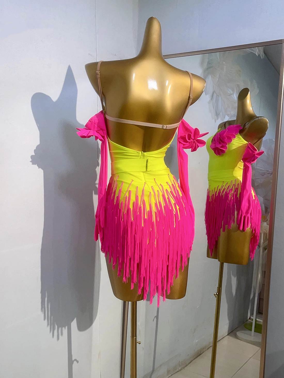 Custom Size Yellow Pink Latin Dance Dresses for Women Fringe Competition Salsa Rumba Chacha Dance Costumes