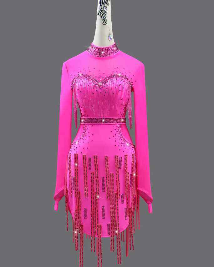 Custom Size Hot Pink Latin Dance Dresses Bling Fringes Long-sleeved
