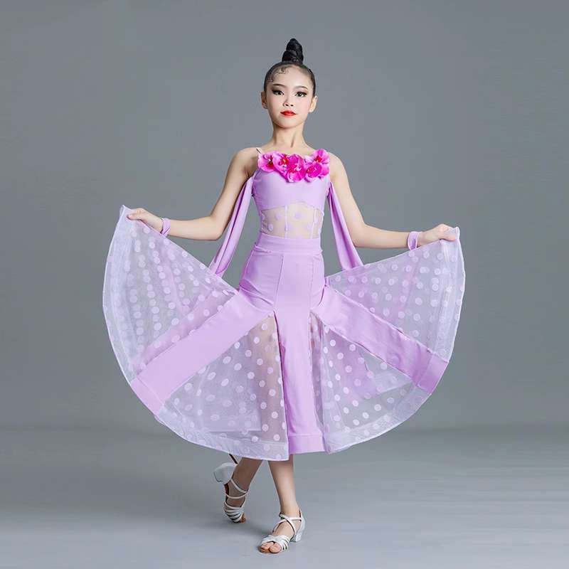 Red polka purple flowers ballroom Latin dance dresses for girls kids flowers waltz tango national professional competition gown for children - Moderndancedress.com