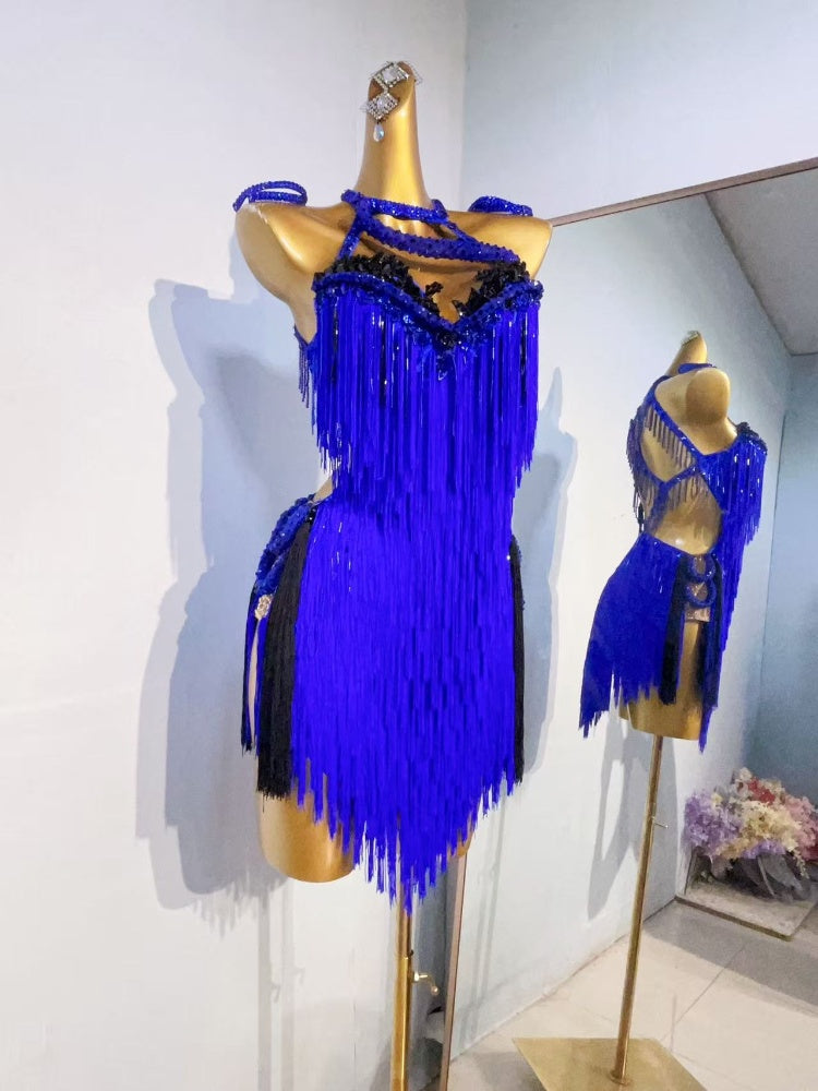 Custom Size Royal Blue Latin Dance Dresses Competition Salsa Rumba Blackpool Latin Dance Costumes