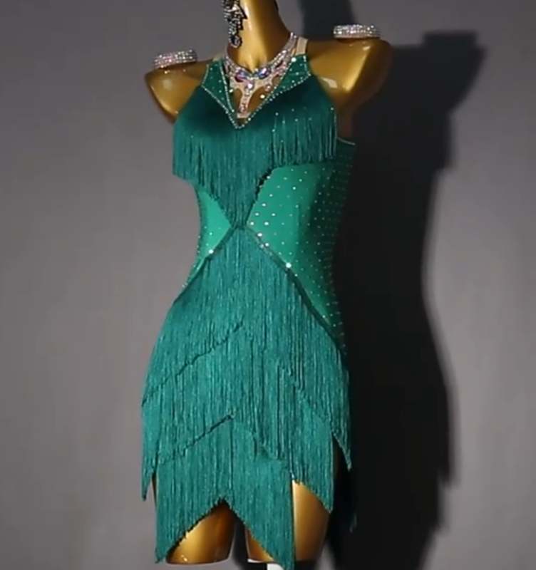 Professional Dark Green Fringe Latin Dance Competition Dresses for Women Girls Salsa Rumba Cha Cha Samba Performance Floral Costume Solo