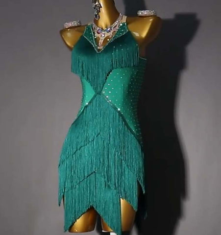 Professional Dark Green Fringe Latin Dance Competition Dresses for Women Girls Salsa Rumba Cha Cha Samba Performance Floral Costume Solo
