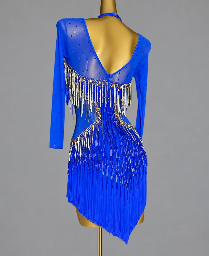Custom Royal Blue Long Sleeve Latin Dance Dress with Gold Rhinestone Fringe