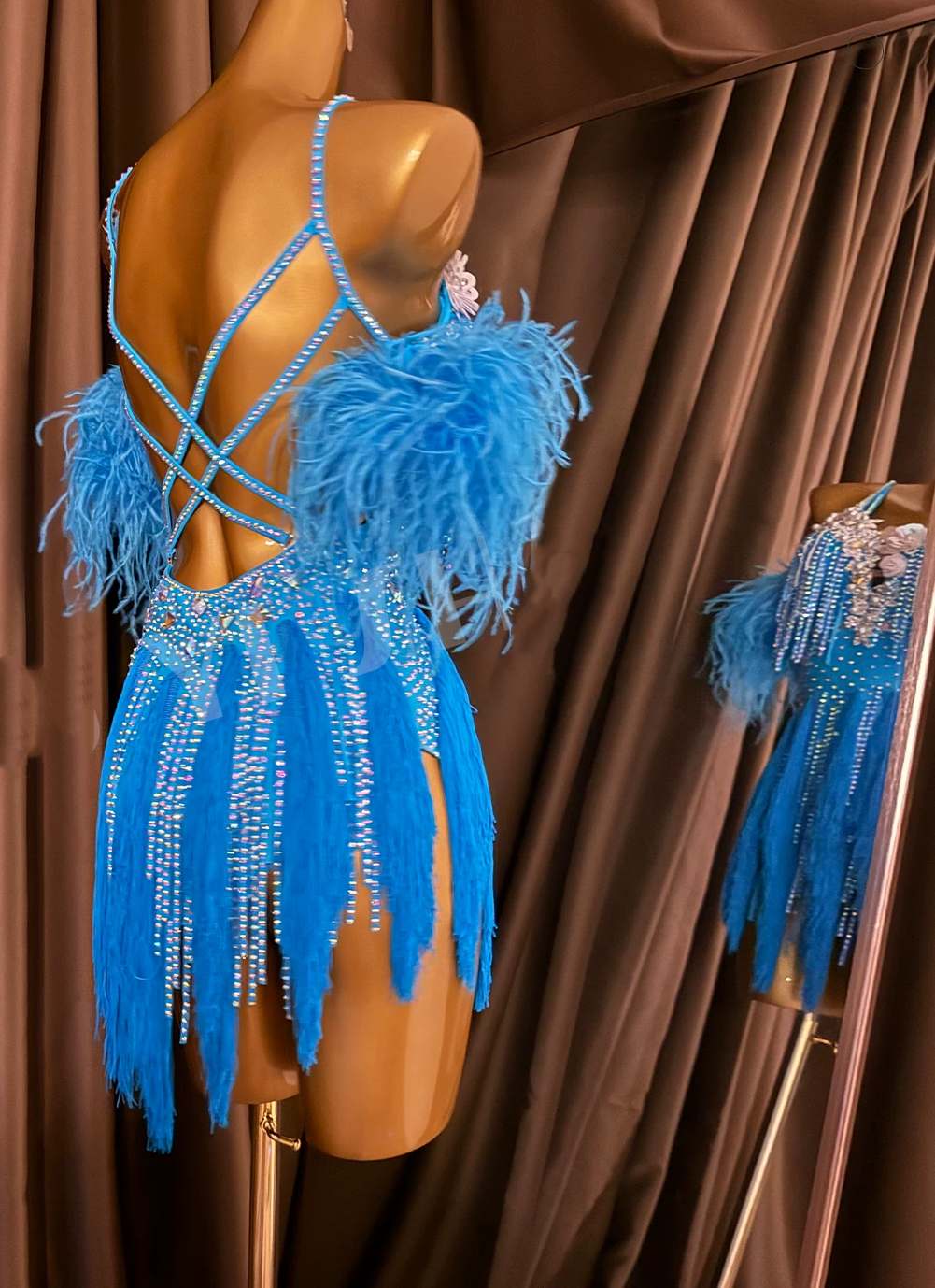 Custom Blue Latin Dance Competition Dress  Feather & 3D Flower Salsa Gown