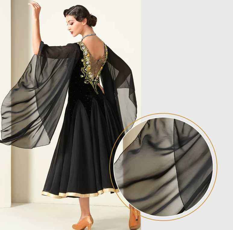 Custom Size Black with Gold Crystal Competition Ballroom Dance Dress Waltz Tango Rhythm Foxtrot Dance Gown