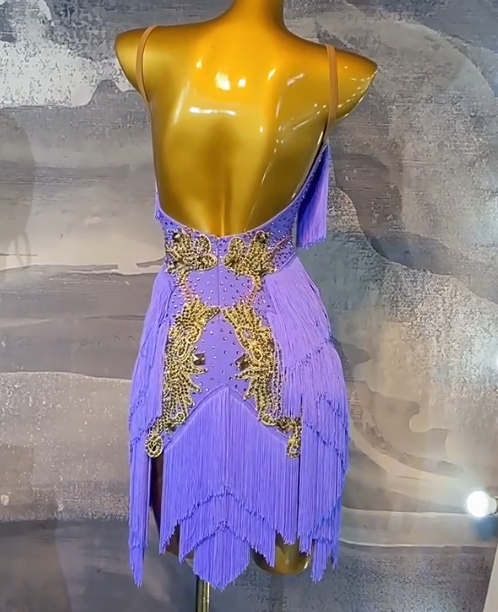 Custom Size Latin Dance Dress Spaghetti Strap Purple Gold Crystal Fringe Professional Salsa Ballroom Dance Gown