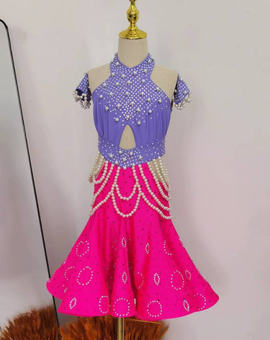 Girls Latin Dance Dresses for Kids Purple Black Pearls Diamond Salsa Rumba Chacha Performance Costumes