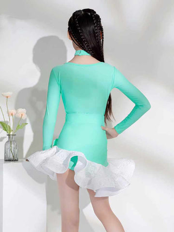 Mint Green White Latin Dance Dresses for Girls Kids Irregular Skirts Modern Salsa Latin Competition Performance Clothes - Moderndancedress.com