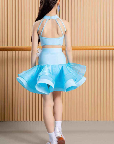 Blue Ruffles Latin Dance Dresses for Girls Kids Salsa Rumba Chacha  Performance Costumes