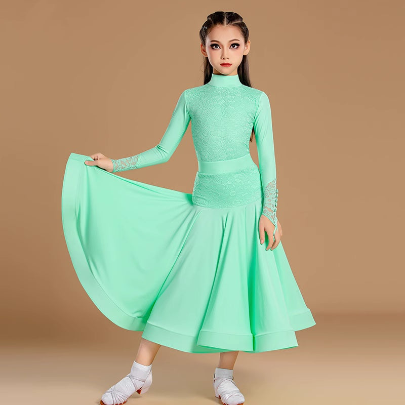 Girls Ballroom Dance Dresses Mint White Latin Lace Tango Waltz Dance Long Gown for Kids  3pcs in One Set