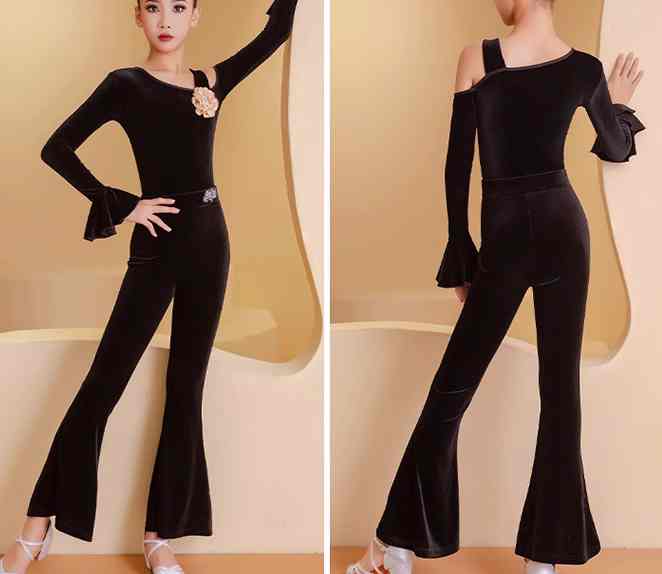 Girls Latin Ballroom Dance Costumes Wine Black Velver Flowers Slant Neck Salsa Rumba Chacha Training Stage Performance Outfits for Kids - Moderndancedress.com