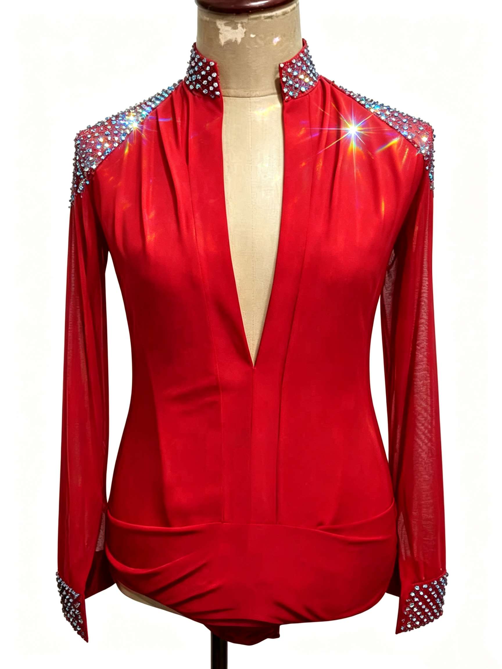 Custom Navy Blue Men's Latin Dance Shirt - Rhinestone Ballroom Leotard