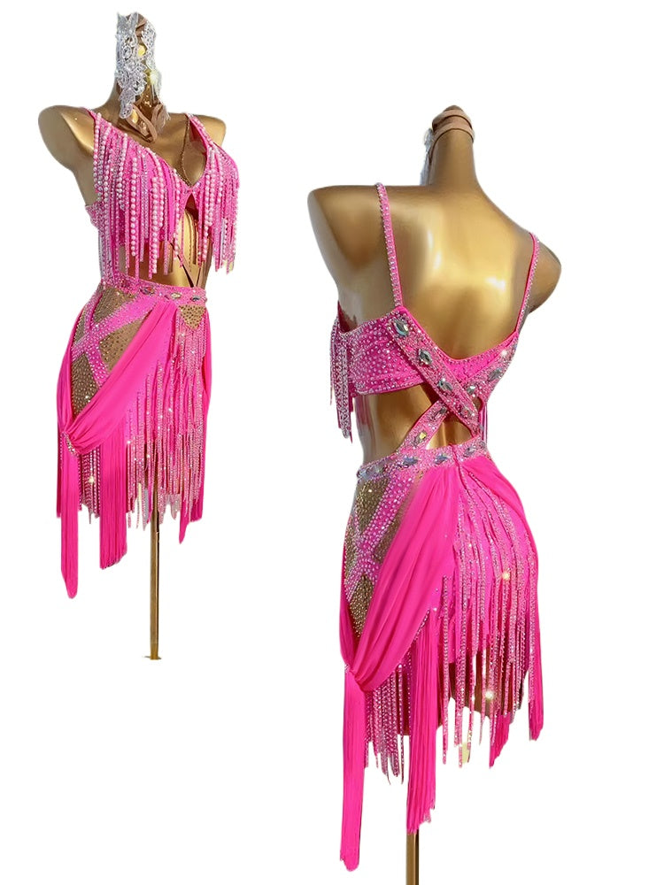 Custom Size Bling Latin Dance Dresses for Women Girls Blue Pink Salsa Blackpool Latin Professional Art Test Costumes