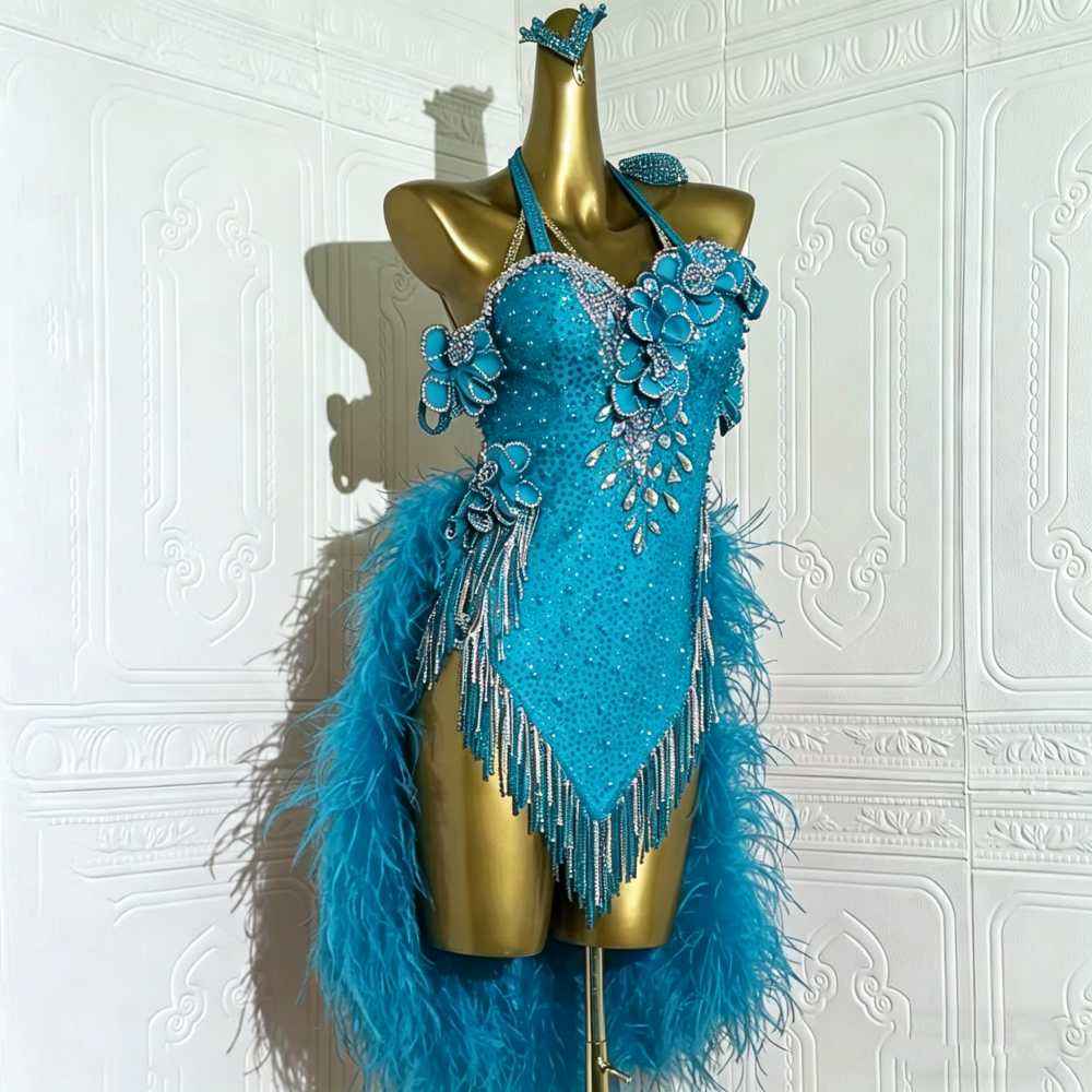 Custom Size Turquoise Latin Dance Dress with 3D Flowers & Feather Fringe