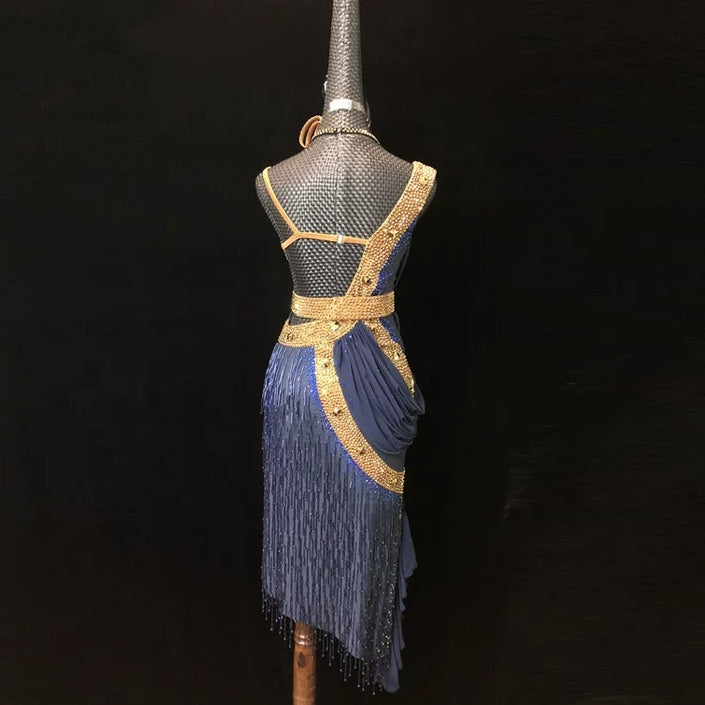 Custom Size Olive Navy Gold Crystal Competition Latin Dance Dress Ballroom Performance Costume