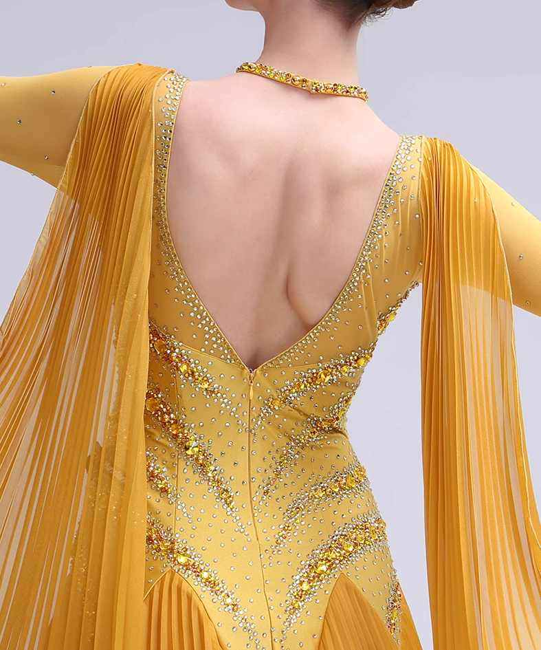 Custom Size Gold Competition Ballroom Dance Dresses for Women Girls Rhinestones Waltz Tango Flowy Dance Long Gown