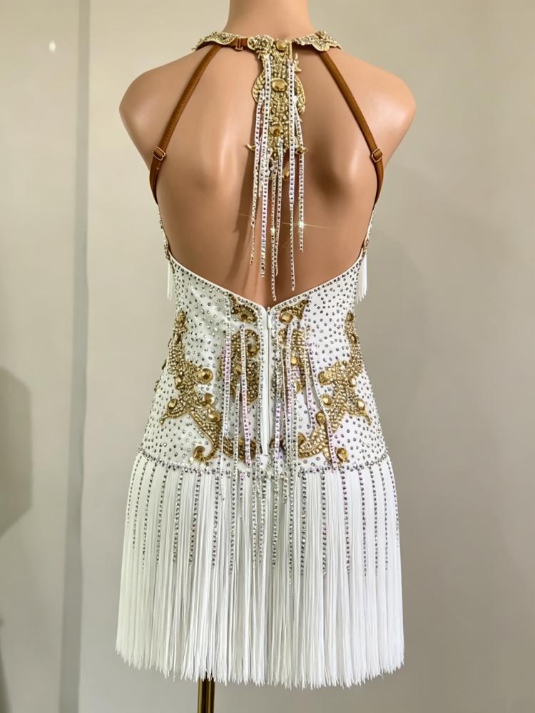 Custom Gold Crystal Orange Competition Latin Dance Dress with Fringe