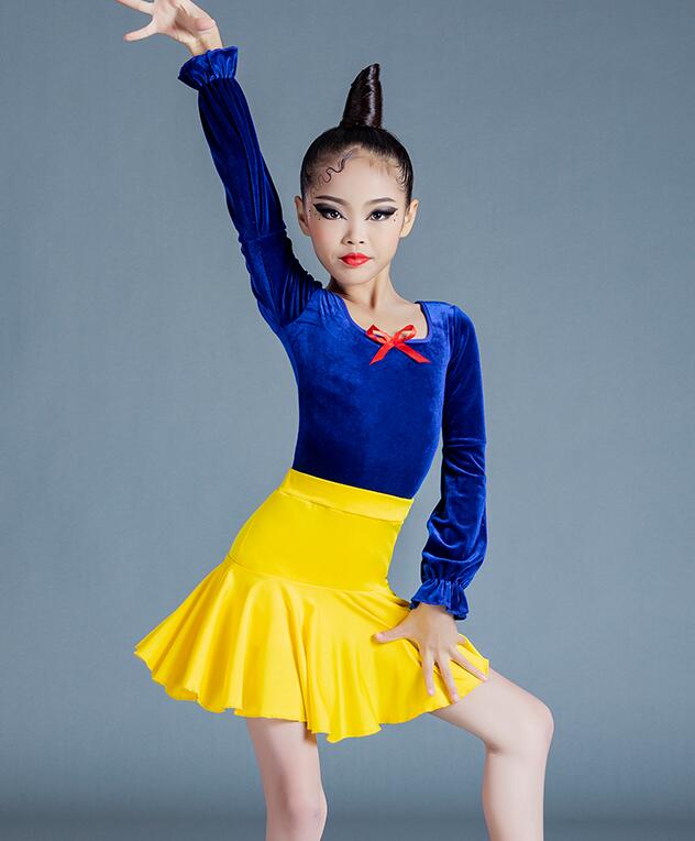Girls Blue Yellow Velvet Latin Dance Dresses Kids Children Pink Salsa Chacha Rumba Practice Clothes Modern Dance Outfits - Moderndancedress.com