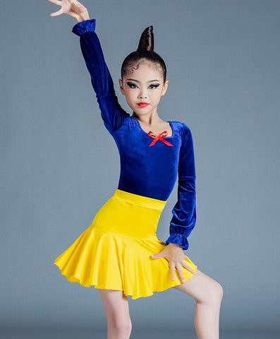 Girls Blue Yellow Velvet Latin Dance Dresses Kids Children Pink Salsa Chacha Rumba Practice Clothes Modern Dance Outfits - Moderndancedress.com