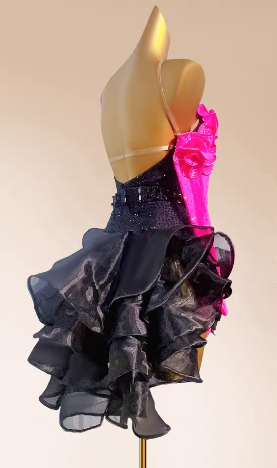 Custom Size Orange Pink Competition Latin Dress for Women Tuxedo Skirt with Gloves