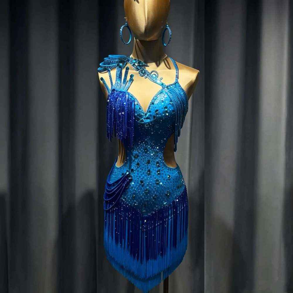 Custom Blue Latin Dance Dress with Fringe & Crystals Blackpool Dance Wear