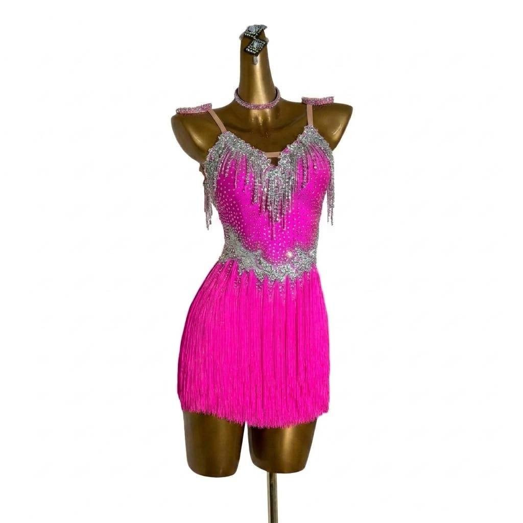 Custom Size Hot Pink Fringe Competition Latin Dance Dress for Women Girls with Open Back Crystal Tassels