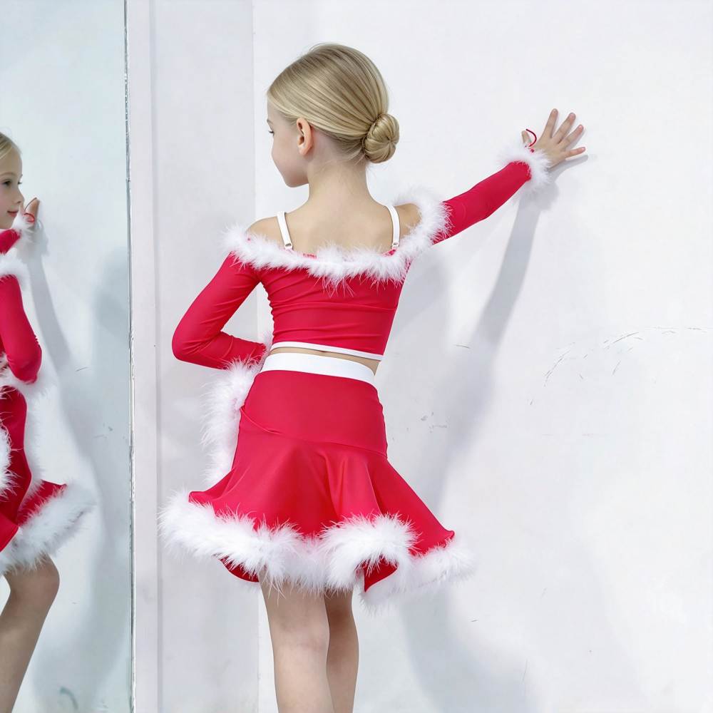 Girls Christmas Latin Dance Dress Off-the-Shoulder Xmas Party Performance Costume