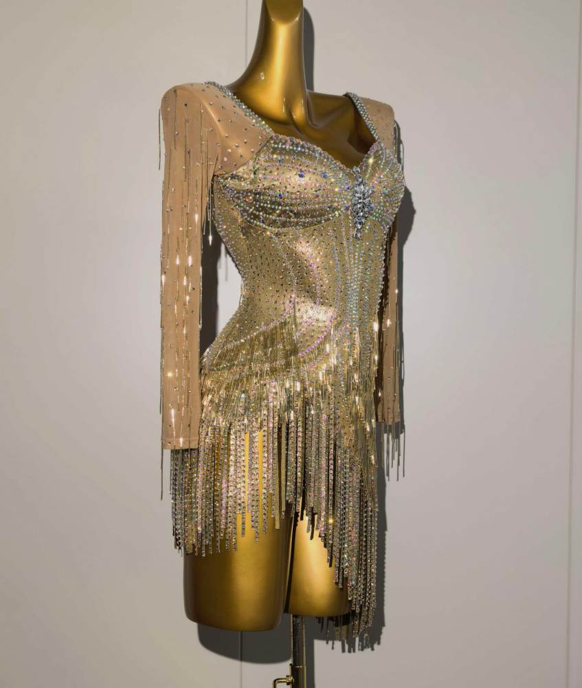 Custom Gold Fringe Latin Competition Dress with Sparkly Crystals