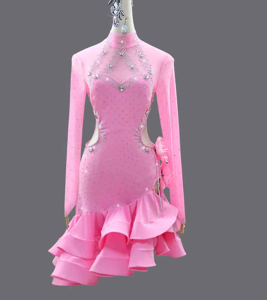 Custom Size Competition Girls Latin Dance Dresses Pink Flowers Latin Perform Costumes