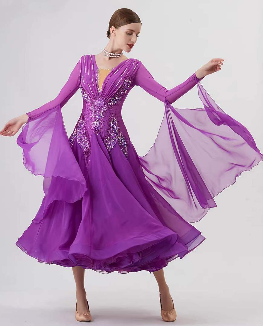 Custom Size Purple Competition Ballroom Dance Dresses for Women Rhinestones Waltz Tango Smooth Dance Long Gown - Moderndancedress.com